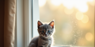 Chaton gris aux yeux bleus sur une fenêtre ensoleillée