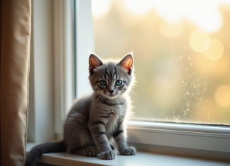 Chaton gris aux yeux bleus sur une fenêtre ensoleillée