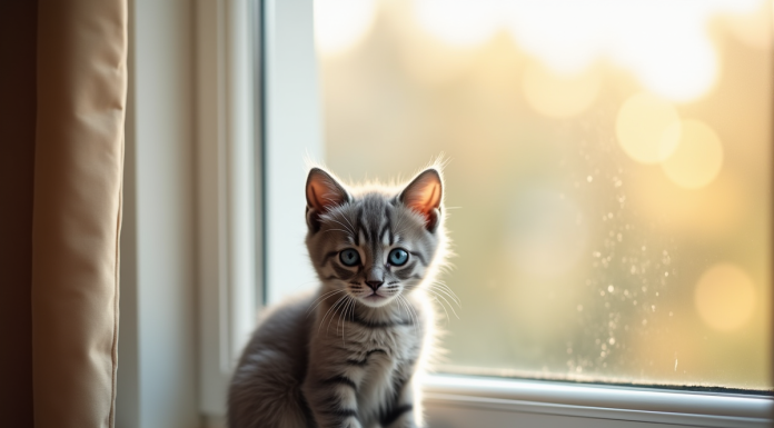 Chaton gris aux yeux bleus sur une fenêtre ensoleillée