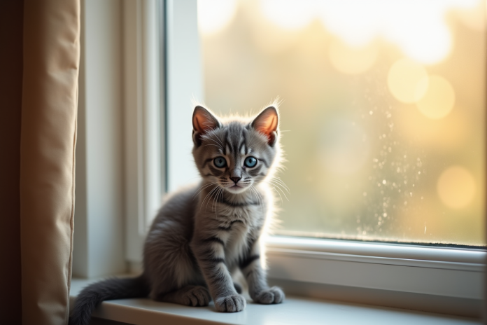 Chaton gris aux yeux bleus sur une fenêtre ensoleillée