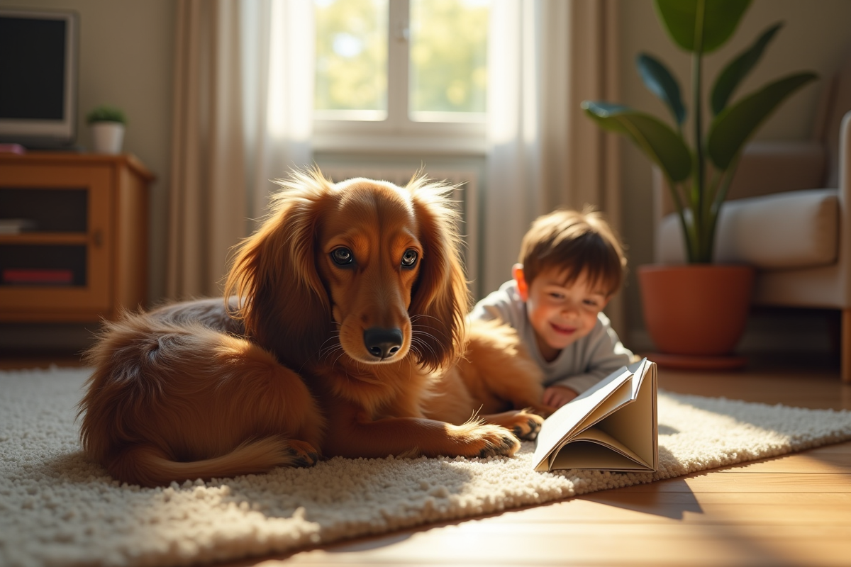 Chien teckel couché sur un tapis avec un enfant lisant un livre
