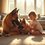 Chien longhaire allemand jouant avec des enfants dans un salon lumineux