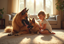 Chien longhaire allemand jouant avec des enfants dans un salon lumineux