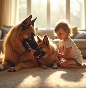 Chien longhaire allemand jouant avec des enfants dans un salon lumineux