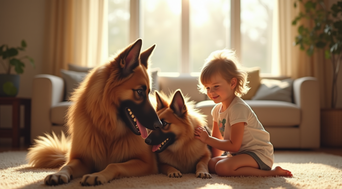 Chien longhaire allemand jouant avec des enfants dans un salon lumineux