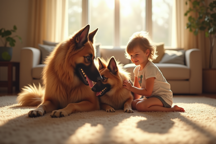 Chien longhaire allemand jouant avec des enfants dans un salon lumineux