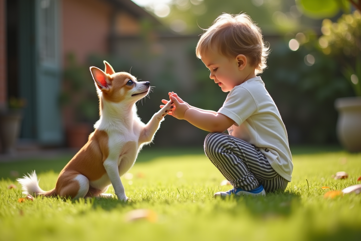 Jeune chiihuahua en entraînement avec un enfant dans un jardin ensoleille