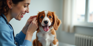 Chiot Brittany Spaniel chez le vétérinaire en examen