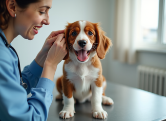 Chiot Brittany Spaniel chez le vétérinaire en examen