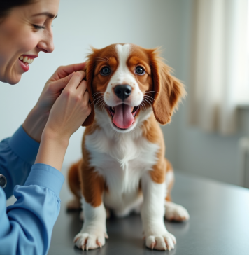 Chiot Brittany Spaniel chez le vétérinaire en examen