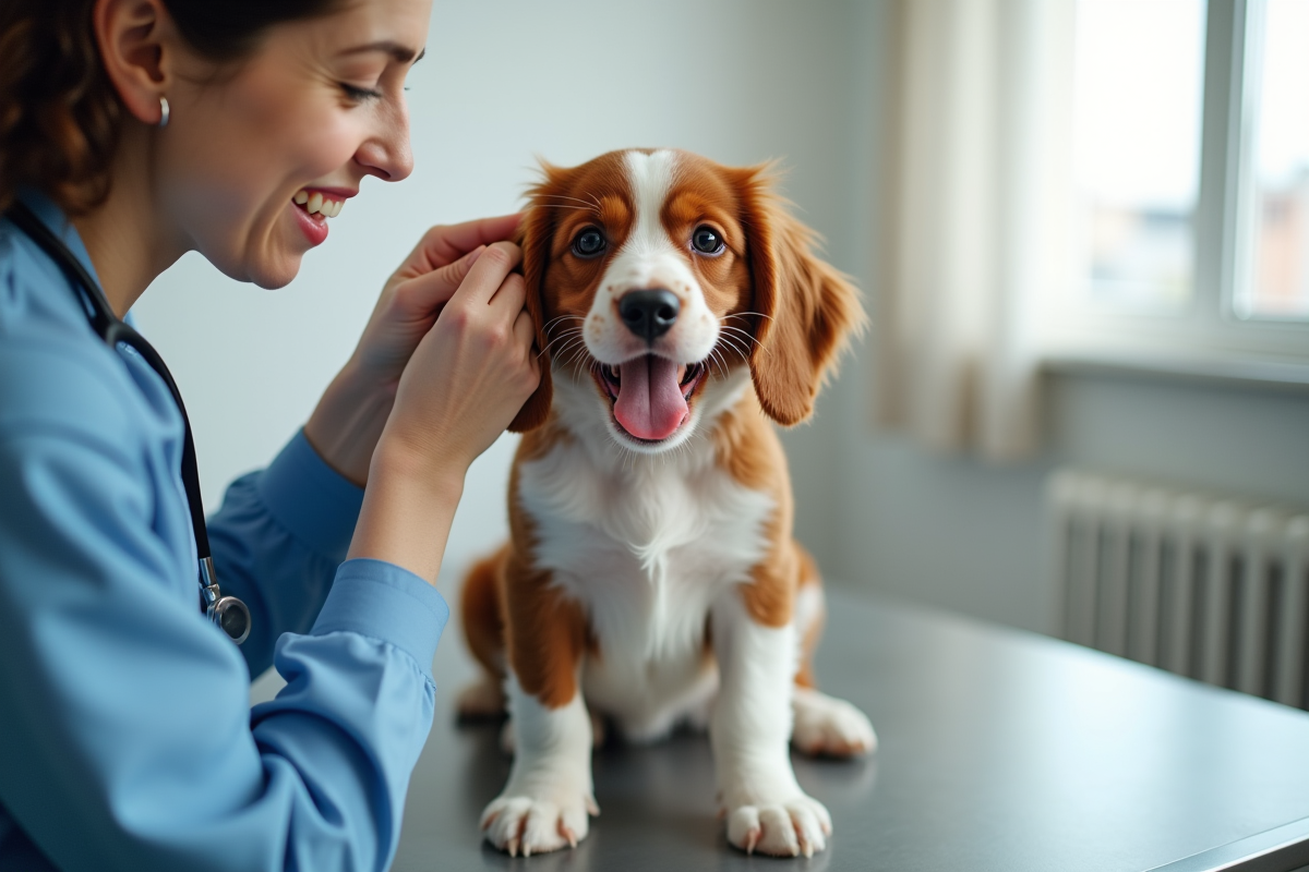 Chiot Brittany Spaniel chez le vétérinaire en examen