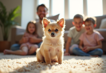 Petit chiot chihuahua assis sur un tapis de salon entouré d'une famille souriante