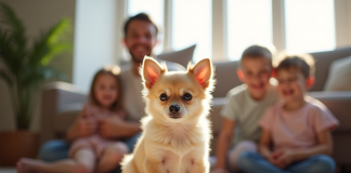 Petit chiot chihuahua assis sur un tapis de salon entouré d'une famille souriante