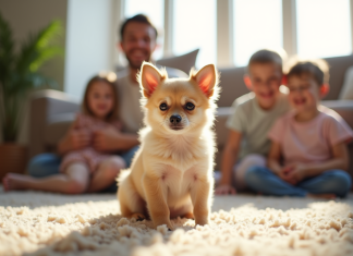 Petit chiot chihuahua assis sur un tapis de salon entouré d'une famille souriante