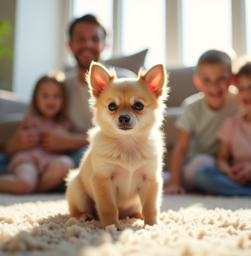 Petit chiot chihuahua assis sur un tapis de salon entouré d'une famille souriante