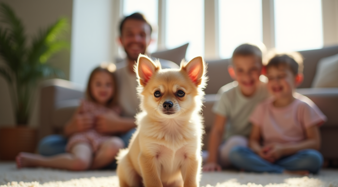Petit chiot chihuahua assis sur un tapis de salon entouré d'une famille souriante