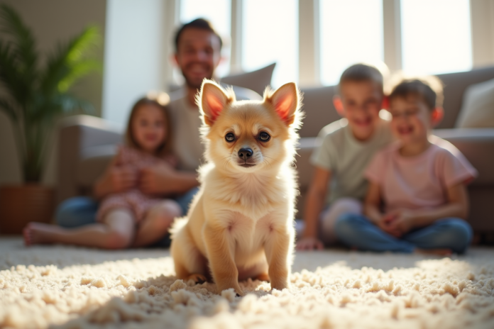 Petit chiot chihuahua assis sur un tapis de salon entouré d'une famille souriante