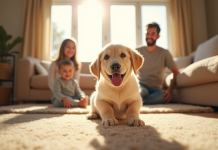 Chiot labrador jouant dans un salon lumineux avec famille