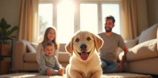 Chiot labrador jouant dans un salon lumineux avec famille