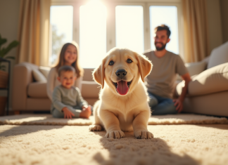 Chiot labrador jouant dans un salon lumineux avec famille