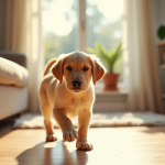 Comment bien accueillir un bébé labrador chez soi ? Chiot labrador doré entrant dans un salon lumineux