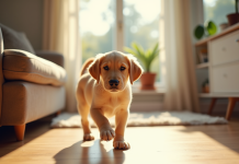Chiot labrador doré entrant dans un salon lumineux
