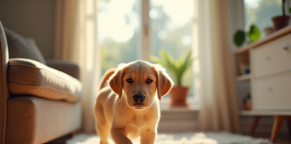 Chiot labrador doré entrant dans un salon lumineux