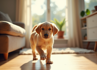 Chiot labrador doré entrant dans un salon lumineux