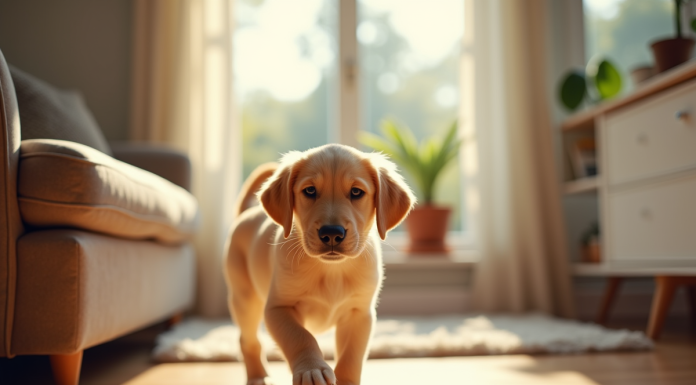 Comment bien accueillir un bébé labrador chez soi ? Chiot labrador doré entrant dans un salon lumineux