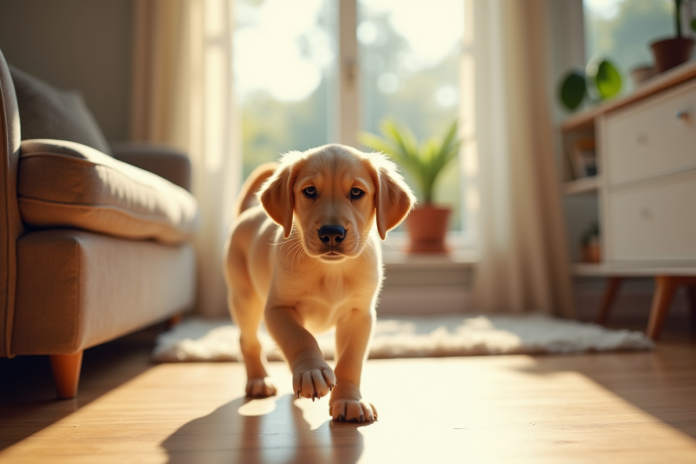 Chiot labrador doré entrant dans un salon lumineux