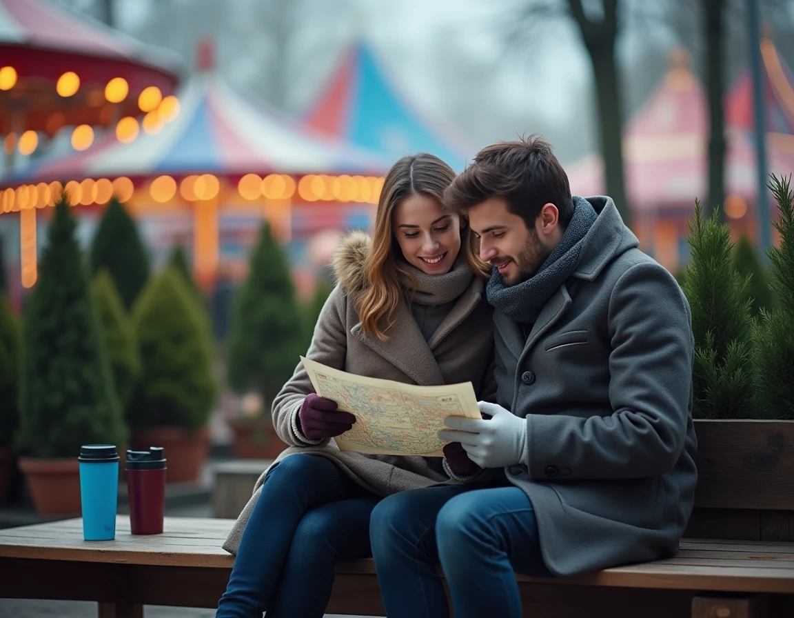 Coin tranquille de la foire avec deux adultes consultant un plan de la Foire aux Manèges de Lille sur un banc décoré de verdure