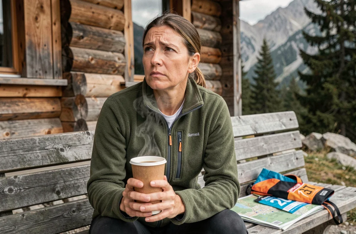 Femme patiente et attentive lors d'un ultratrail, attendant le retour de son partenaire coureur en montagne