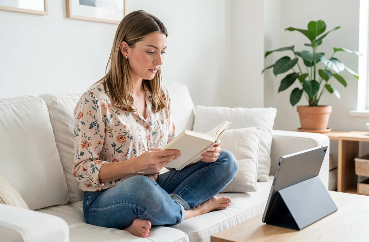 Femme comparant une liste papier et une application numérique de souhaits sur un canapé scandinave