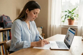 Femme rédigeant un courrier pour contacter la MAE assurance scolaire depuis son bureau à domicile