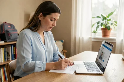 Femme rédigeant un courrier pour contacter la MAE assurance scolaire depuis son bureau à domicile