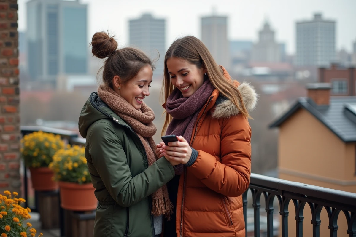 Jeune couple riant sur un balcon urbain en automne