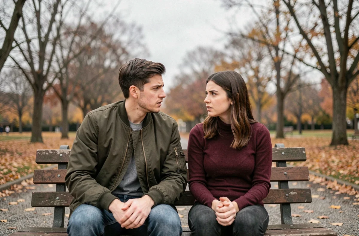 Couple assis sur un banc dans un parc en automne, langage corporel distant et ambigu, atmosphère de tension relationnelle