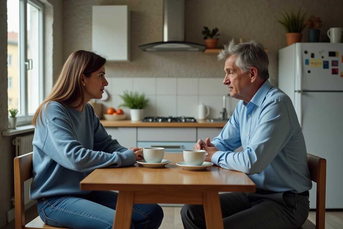 Couple d'adultes pensifs à la maison autour d'un café