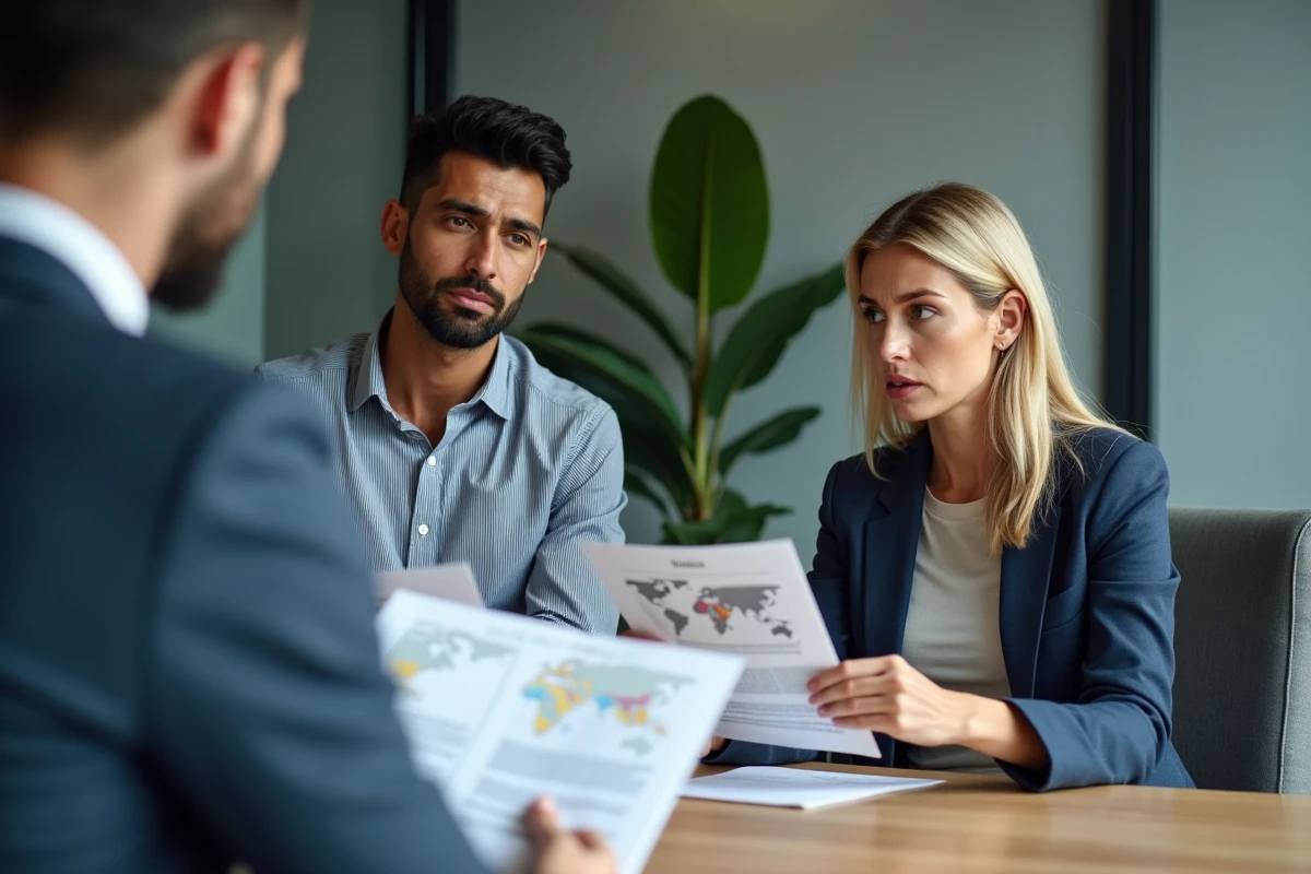 Couple consultant un notaire pour la rédaction d'un testament incluant un bien immobilier à l'étranger