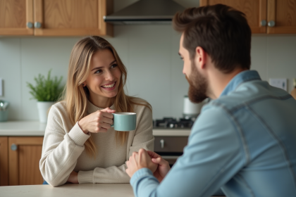 Une femme et un homme discutent à la cuisine chaleureuse