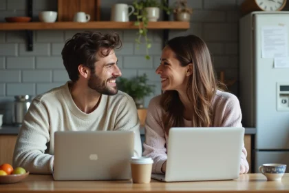 Couple souriant à la cuisine avec ordinateurs et tasses