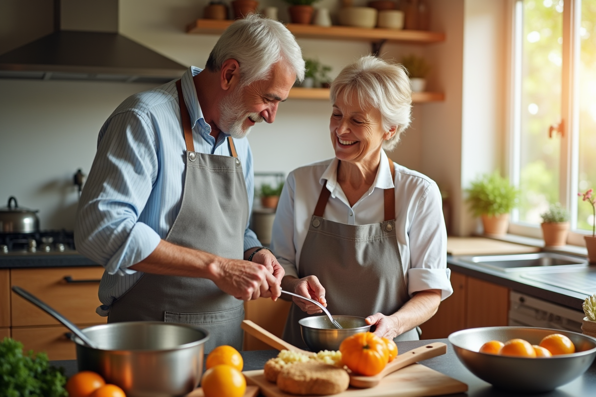 Couple mature cuisinant ensemble dans une cuisine lumineuse