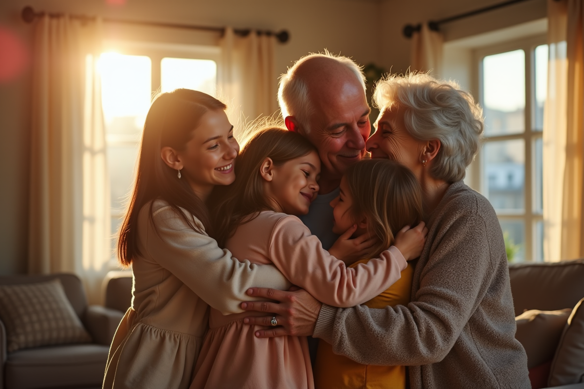 Couple agee en famille dans un salon ensoleille