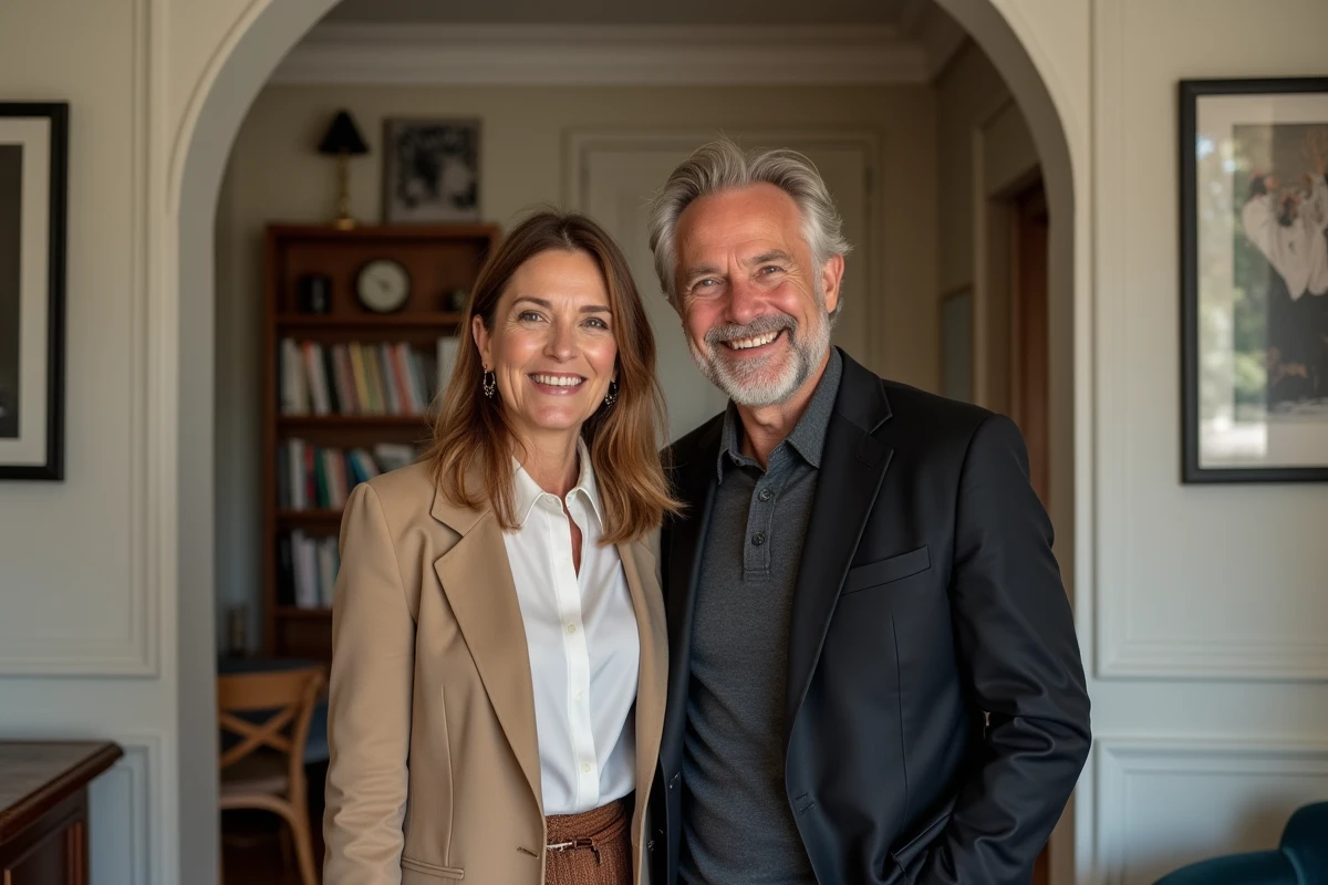 Couple élégant dans un appartement parisien moderne décoré avec goût, portrait lifestyle éditorial