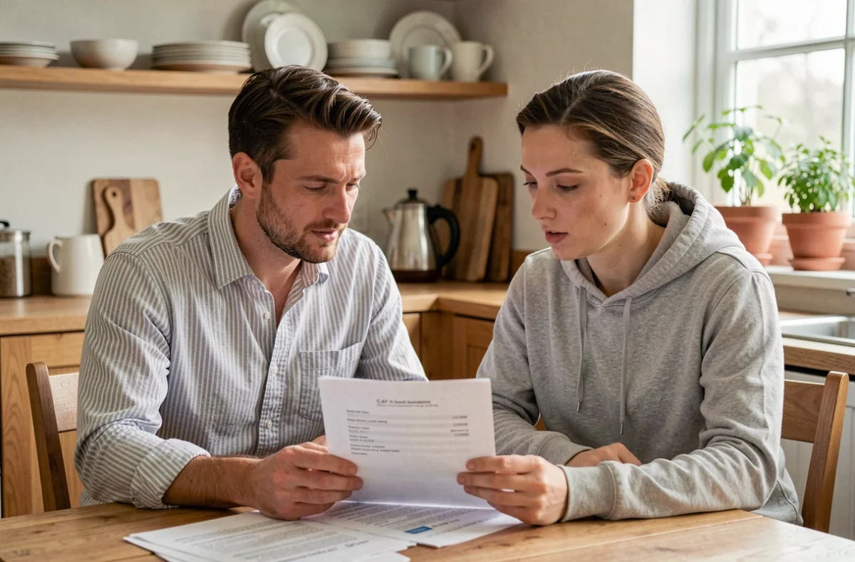 Couple d'indépendants examinant ensemble un courrier d'aide financière de la CAF à la maison