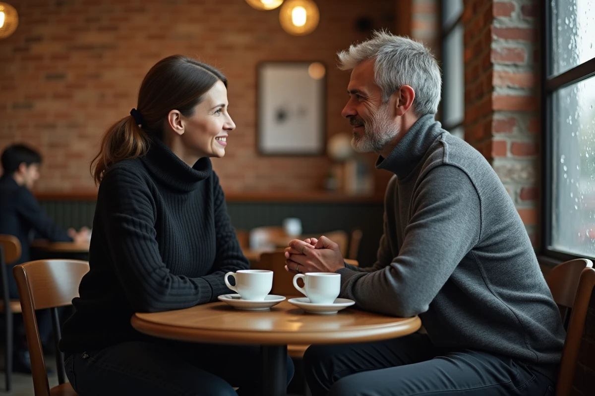 Couple discutant intimement dans un café parisien, illustrant la préservation de la vie personnelle loin des médias