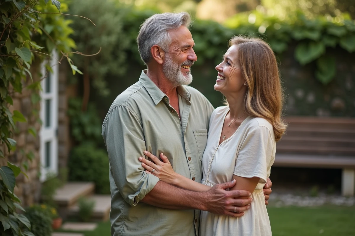 Couple complice dans un jardin privé, illustrant le respect de l'intimité dans la vie personnelle d'une personnalité publique