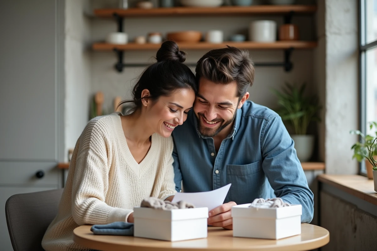 Couple de futurs parents de jumeaux examinant ensemble leur liste de naissance minipouce sur une table dans un appartement moderne et épuré