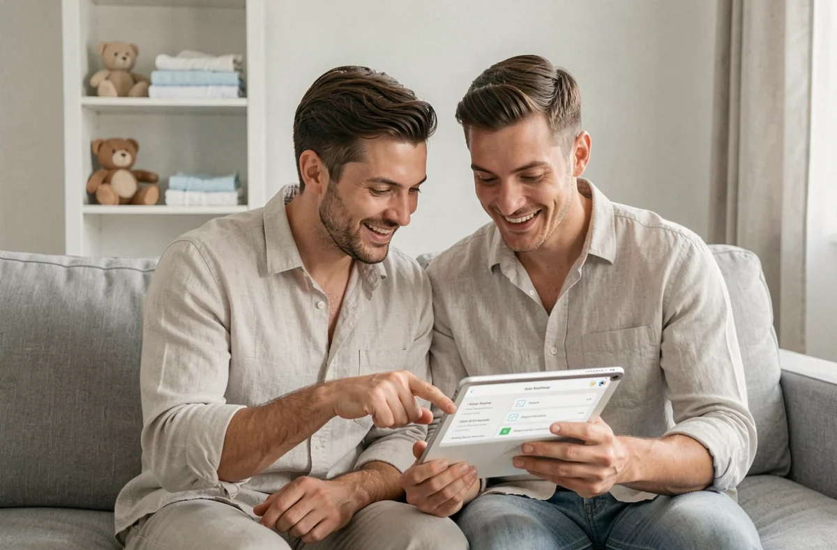 Couple de futurs parents consultant ensemble une liste de naissance sur tablette dans leur salon