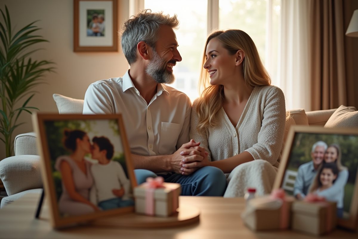 Couple marié souriant main dans la main dans un salon lumineux